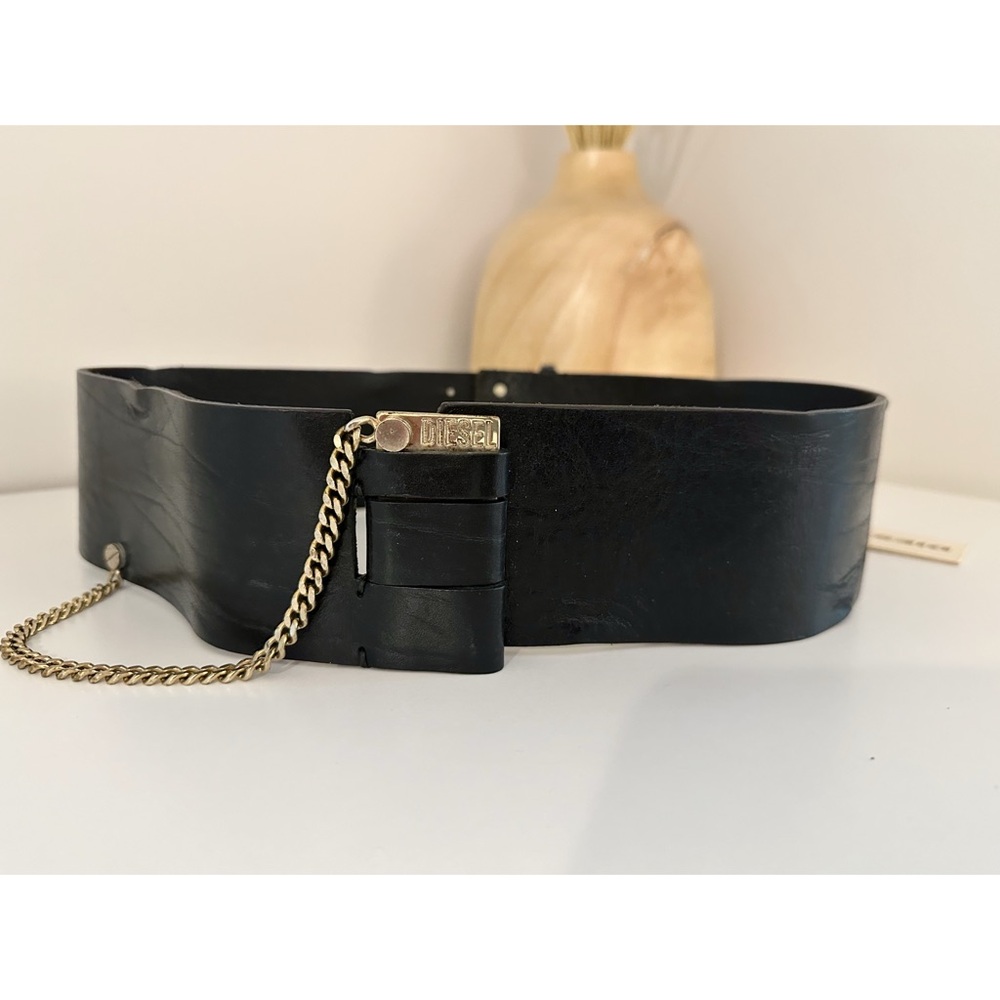 Diesel ~ Black Leather Maxi Belt with Gold Chain